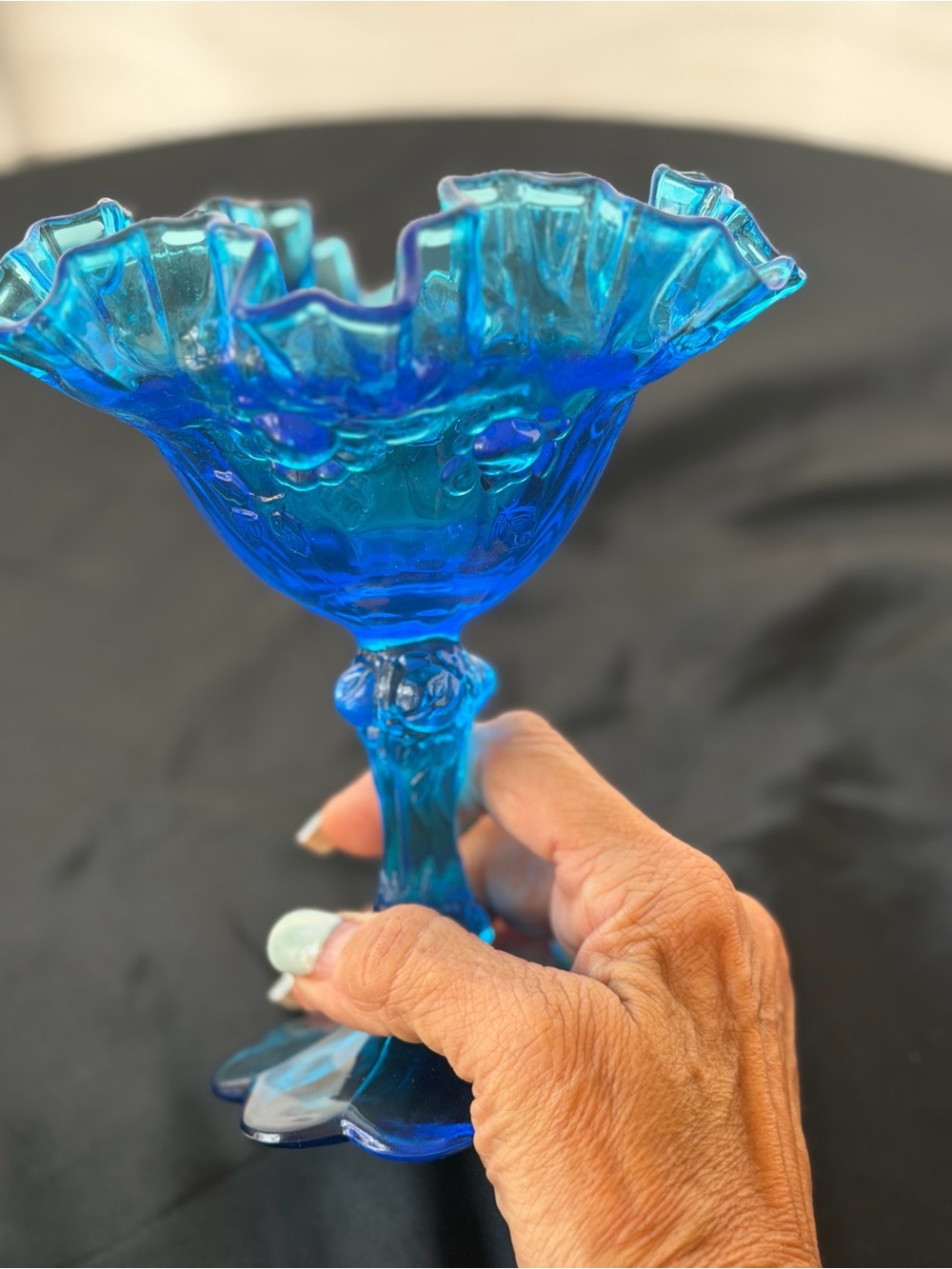 Fenton Cabbage Ruffled Blue Candy Dish - Picture 4 of 5